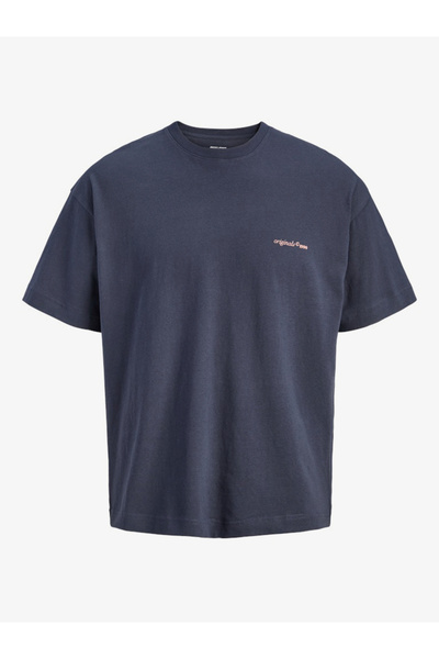 Jack & Jones تي شيرت رجالي رمادي اللون من القطن بطباعة جرافيك وياقة دائرية