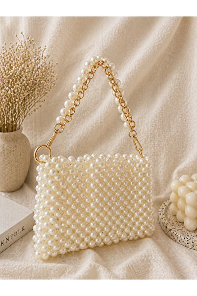 YNA VERA Design & Home İnci Boncuklu Zincir Askılı Çanta – Gold Detaylı Şık K...