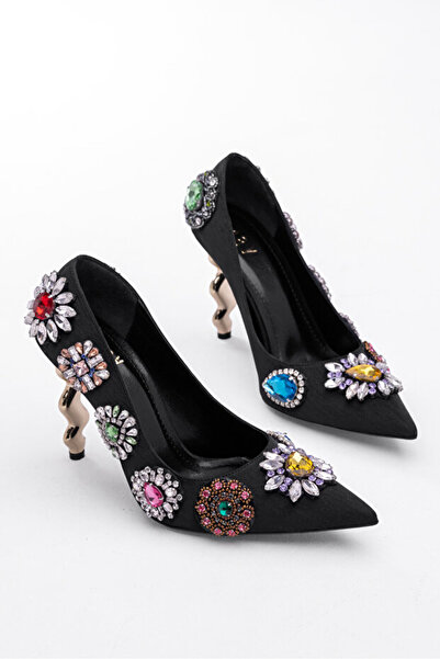 MARY Βραδινά παπούτσια με τακούνι Χρυσό τακούνι Βραδινό φόρεμα με πέτρες Μαύρ...