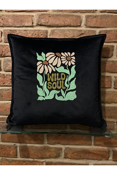 harmony factory Papatya Wild Soul Embroidered Black Velvet Throw Pillow Cover...