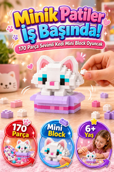 DENAPCAL Kedi Mini Blok Yapı Seti - Minik Hayvanlar Serisi - 3D Yapı Oyuncakl...