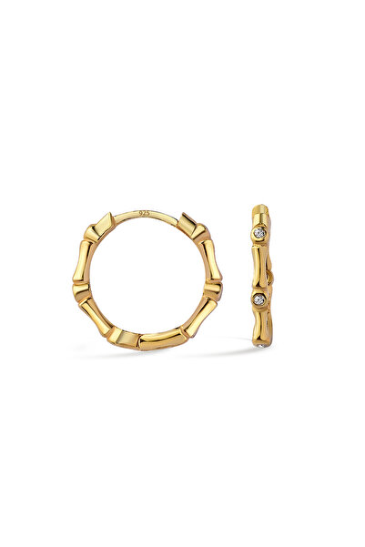 jelux silver Gümüş 925 Ayar 15 mm Aura Bambu Zirkon Taşlı Halka Gold Küpe