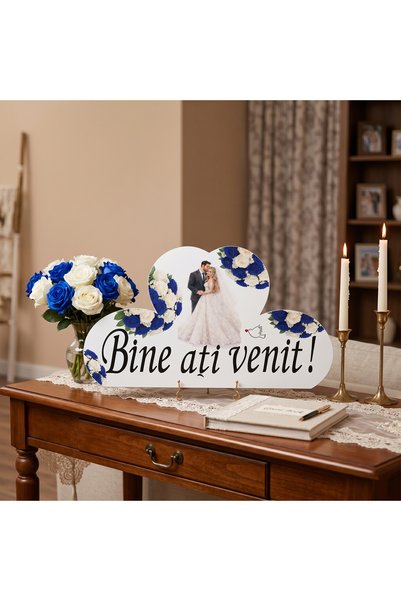 Bello Carino High quality decoration products Pancarte " Bine ați venit! ", Design Inimi Împletite,Flori Albastre, 83x49 cm