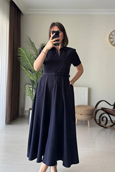 Kubos Moda Polo Yaka Ayarlı Fermuarlı Lacivert Midi Elbise
