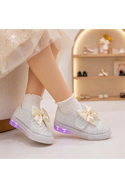 Papuctime Kız Çocuk Işıklı Simli Fiyonklu Taş Detaylı Spor Sneaker Ayakkabı