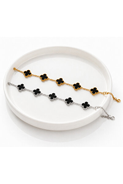 Nutly Accessories Yonca Model Bileklik Unisex Siyah Taşlı Gold Gümüş Çelik Bi...