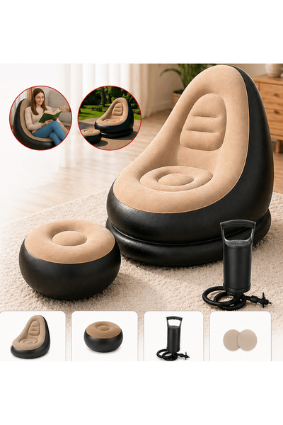 TnsAround Φουσκωτή Πολυθρόνα με Υποπόδιο και Αντλία, Ανθεκτική, 120 κιλά, Μαύ...