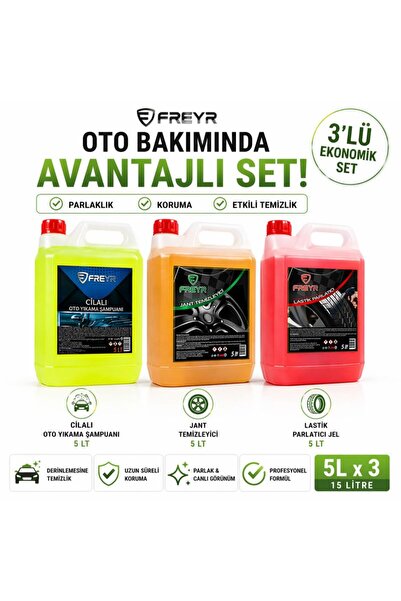 FREYR Oto Bakım Seti 3’lü 5 Litre Cilalı Oto Şampuanı Jant Temizleyici Lastik...
