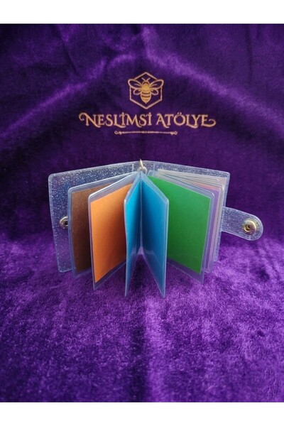 NESLİMSİ ATÖLYE Transparent Glitter Mini Photo Album and Gold Spool Wallet Keychain with Silver Ring