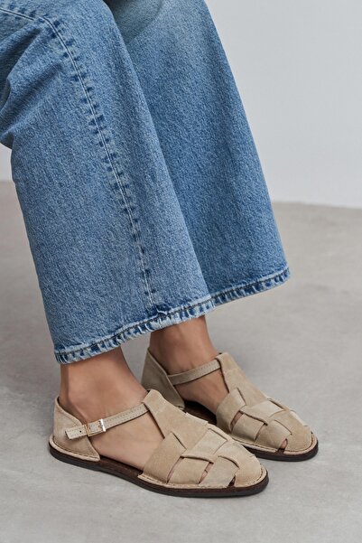 NİŞANTAŞI SHOES Γυναικεία σανδάλια Hugel μπεζ από δέρμα σουέντ με λεπτομέρεια...