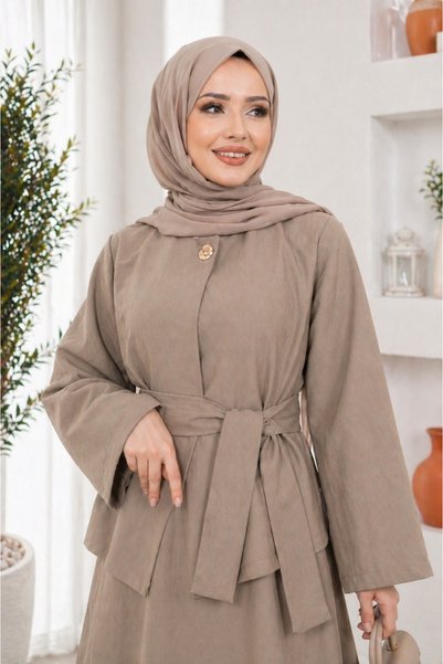 ASTEMİA Women's Asymmetrical Gold Buttoned Hijab Skirt & Jacket Set Sb0027