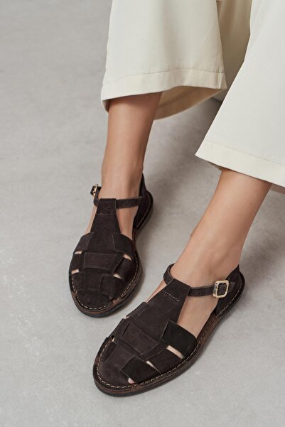 NİŞANTAŞI SHOES Γυναικεία σανδάλια Hugel Brown Suede με λεπτομέρεια από δερμά...