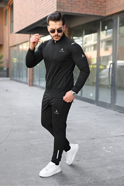 KANOX Slim Fit Diving Fabric Zippered Men's Tracksuit Set with Reflective Print