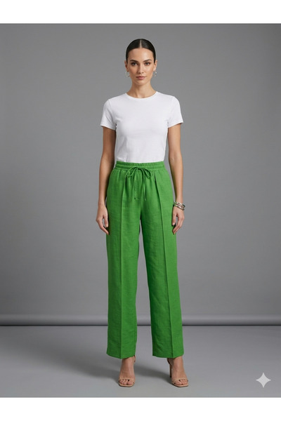 DAME Women's Relaxed Fit Linen Trousers with Grass Detail on the Front