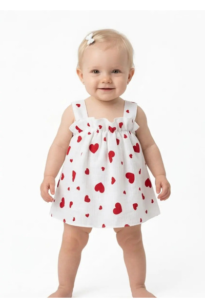 cacobutik Baby Girl Heart Printed Strap Linen Muslin Dress Red Heart
