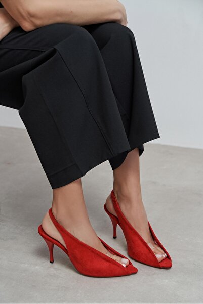 NİŞANTAŞI SHOES Γυναικεία παπούτσια με τακούνι Lala Red Suede με διάφανη λεπτ...