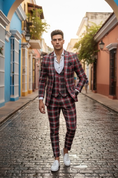 dehaine Ανδρικό κοστούμι, σακάκι, παντελόνι, γιλέκο, καρό, A7808