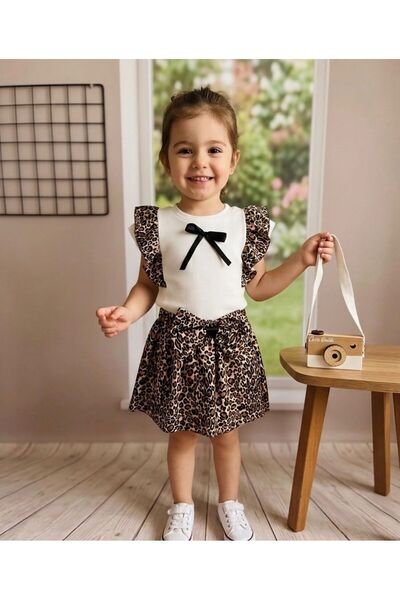 cacobutik Girl's Leopard Print Summer Skirt and Blouse Double Set White-Leopard
