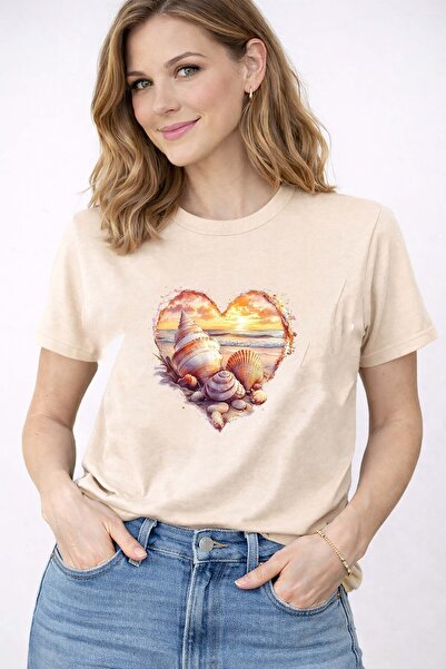 herkesemoda Sunset Love Deniz Theme Print Λεπτομερές βαμβακερό μπλουζάκι με λ...