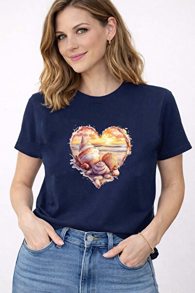 herkesemoda Sunset Love Deniz Theme Print Λεπτομερές βαμβακερό μπλουζάκι με λ...