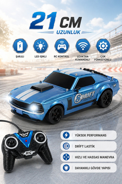 YILDIRIM OYUNCAK Şarjlı R/C Kumandalı Drift Mustang Araba 21 Cm Oyuncak Araba...