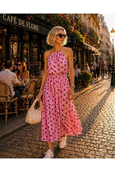 ibeeka Dolce Vita Ροζ Πουά Ρετρό Μίντι Φόρεμα Λινό Βαμβακερό