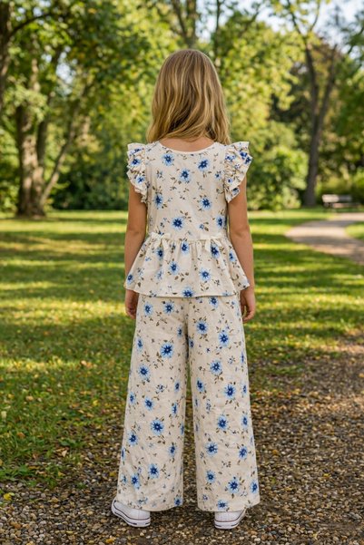 Yalçınoğlu Kids Floral Patterned Wrinkled Girl's Suit 4-10 Years Old I Floral Patterned Suit I Two-Piece Suit I Girl's Suit