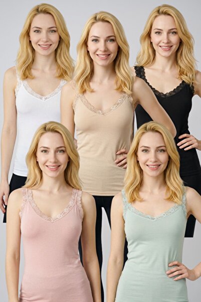 fevien 5-Pack Women's Thick Strap V-Neck Cotton Lace Undershirt - Flexible Co...