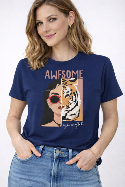 herkesemoda Tricou din bumbac pentru femei, cu decolteu rotund și imprimeu gr...