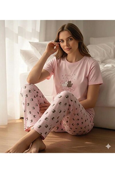 İpek Γυναικείο σετ πιτζάμες με κοντό μανίκι και μοτίβο γάτας, 100% βαμβακερό