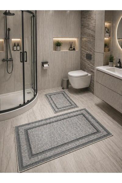 Baskı Desenli Kaymaz Taban Koku Yapmayan 60*100 2'li Banyo Paspas Takımı