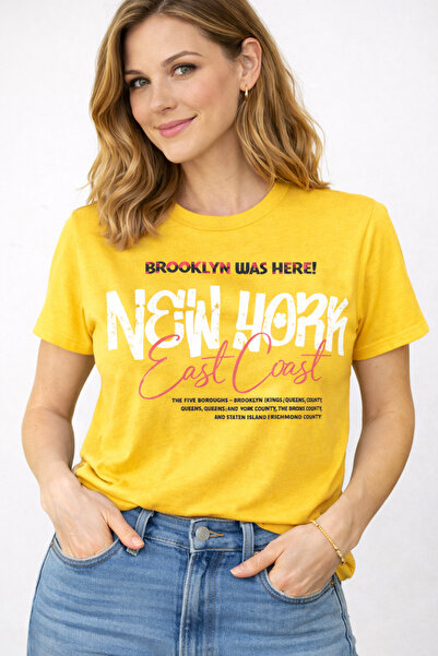 herkesemoda Γυναικείο βαμβακερό μπλουζάκι με λεπτομέρεια εκτύπωσης East Coast...