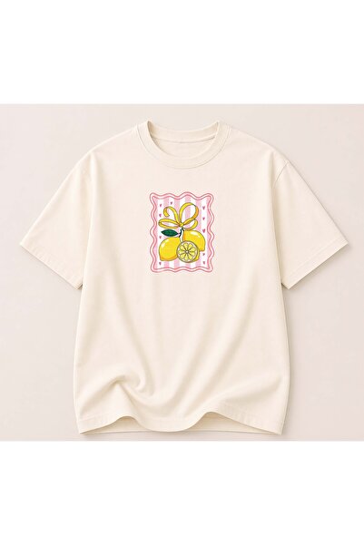 herkesemoda Βαμβακερό βασικό μπλουζάκι με λεπτομέρεια στάμπας λεμονιού και λα...