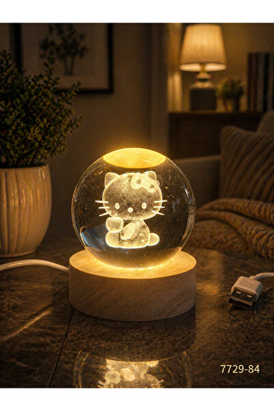 1DepoBu 3D Kristal Cam Gece Lambası | LED Işıklı Dekoratif Ahşap Tabanlı Tasa...
