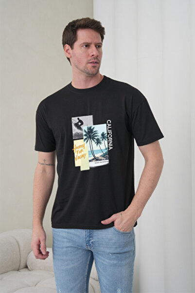 caddekombin Ανδρικό μπλουζάκι με στρογγυλή λαιμόκοψη και στάμπα σερφ και φοίν...