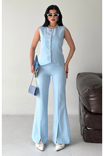 pembekurdelem Γυναικείο Σχεδιαστικό Γιλέκο με Σκισίματα στα Πόδια, Μπλε Baby