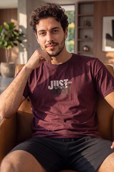 Pijamaevi Ανδρικό Σετ Πιτζάμες Βουργουνδί με Κοντομάνικο Σορτς και Σχέδιο