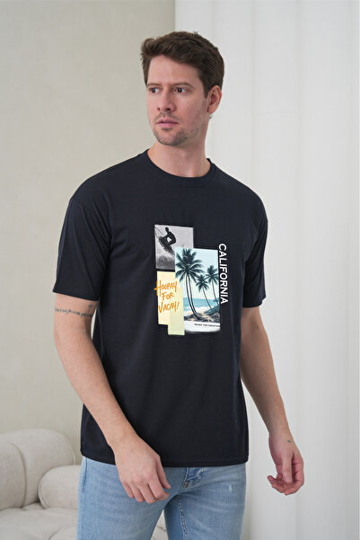 caddekombin Ανδρικό μπλουζάκι με στρογγυλή λαιμόκοψη σε ναυτικό μπλε χρώμα, μ...