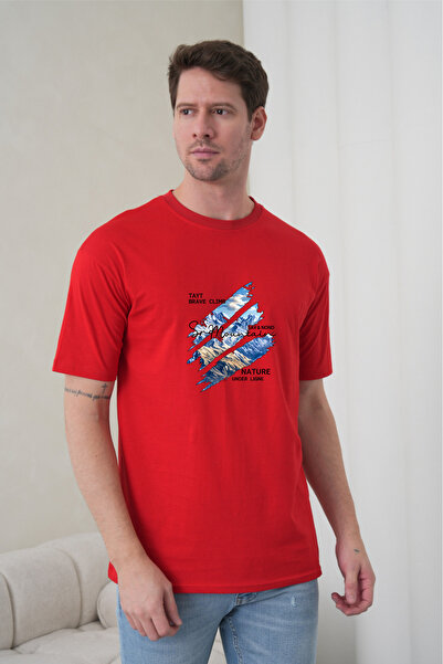 caddekombin Men's Sun Mountain Nature Printed Round Neck Red T-Shirt