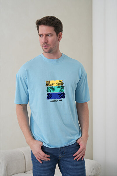caddekombin Men's Tropical Themed Palm Tree Printed Round Neck Blue T-Shirt