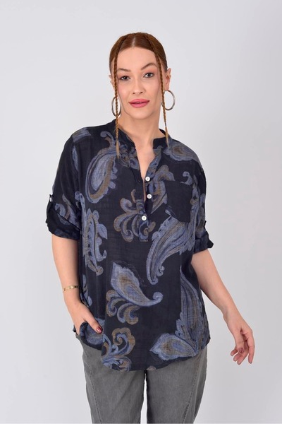 Hazinedan Γυναικείο λινό πουκάμισο με αυθεντικό σχέδιο, λεπτομέρεια τσέπης κα...