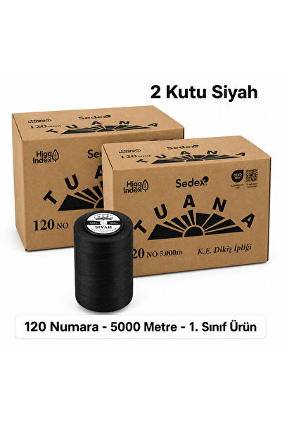 Tuana İplik Tuana 120 Numara 5000 Metre Polyester Dikiş İpliği - 2 Kutu Siyah...