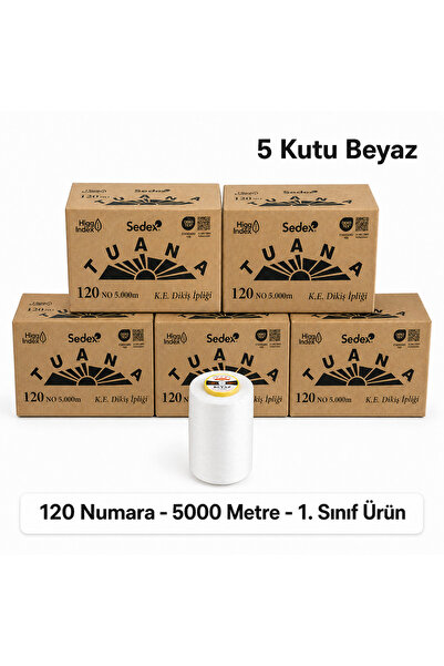 Tuana İplik Tuana 120 Numara 5000 Metre Polyester Dikiş İpliği - 5 Kutu Beyaz...