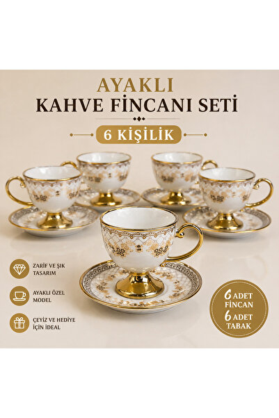 Roza 6 Kişilik Ayaklı Kahve Fincanı Takımı – Altın Detaylı Şık Sunum Seti (Po...