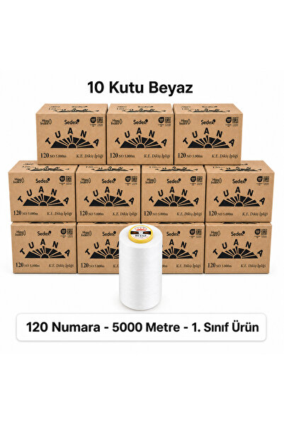 Tuana İplik Tuana Polyester Dikiş İpliği 120 Numara 5000 Metre Beyaz 60 Bobin...