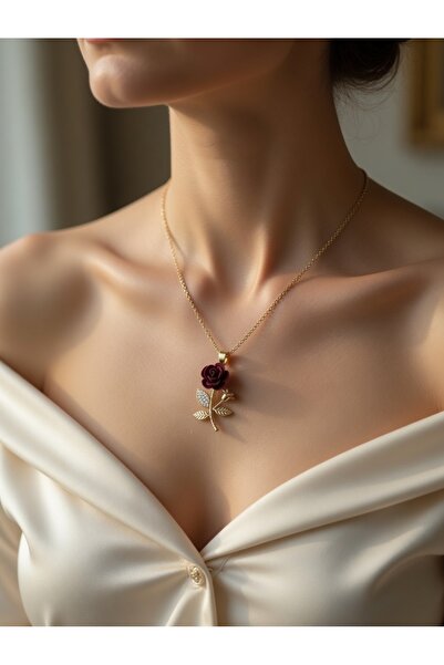 mia atelier Gold Bordo Kadife Gül Motifli Kolye