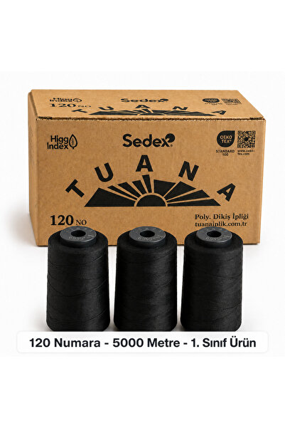 Tuana İplik Tuana 120 Numara 5000 Metre Polyester Dikiş İpliği - 3'lü Siyah