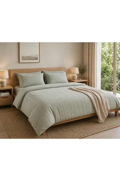Nilyso Home Double Duvet Cover Set Khaki Green Striped 100% Cotton Soft Textu...