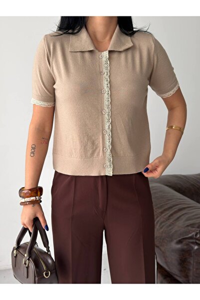 Lovely butik Γυναικεία μπλούζα από βαμβακερό πλεκτό με λεπτομέρεια από δαντέλ...