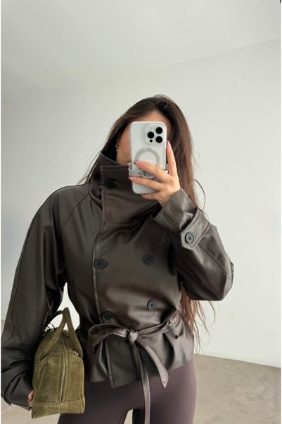 NET OF NOT New Season Brown Double-Breasted Stand Collar Buttoned Leather Jacket